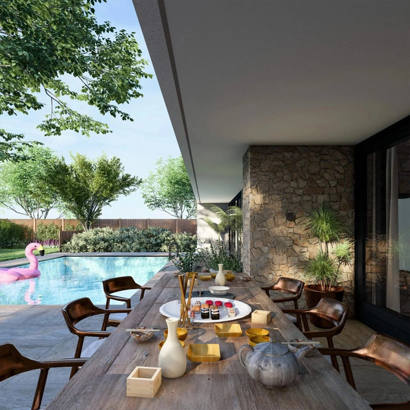 Een render van het zwembad van een moderne kubistische villa