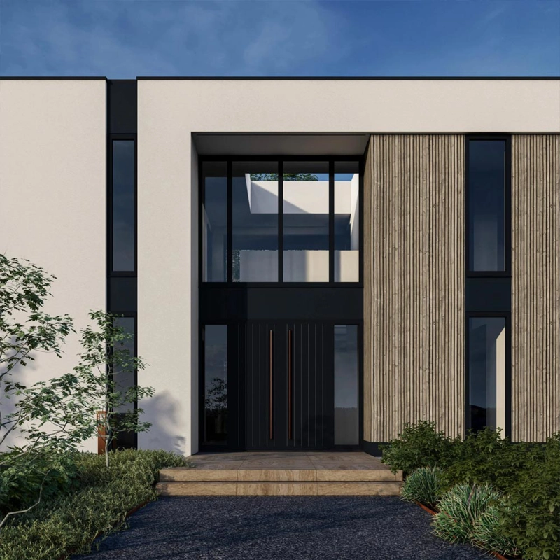 Een uitsnede van een render van de voorzijde van een moderne kubistische villa