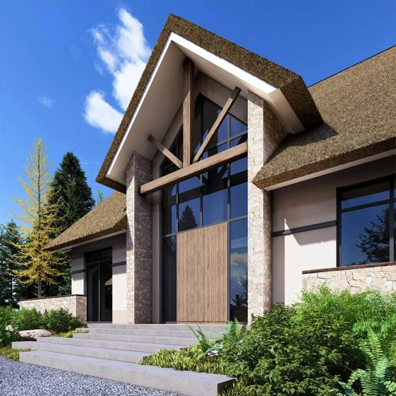 Een render van de achterzijde van een landelijke villa