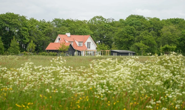 Veraanzicht van boerderijwoning met groene omgeving