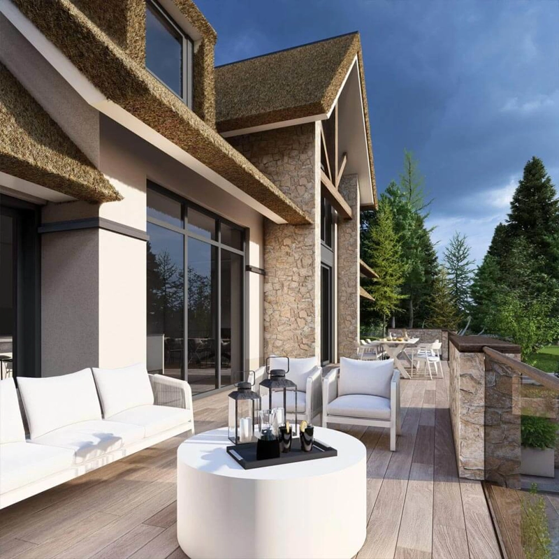 Een render van het terras van een landelijke villa