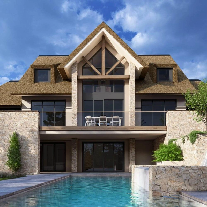 Een render van de achtertuin van een landelijke villa