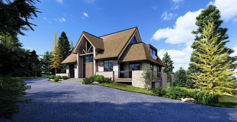 Een render van het vooraanzicht van een landelijke villa