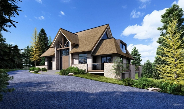 Een render van het vooraanzicht van een landelijke villa