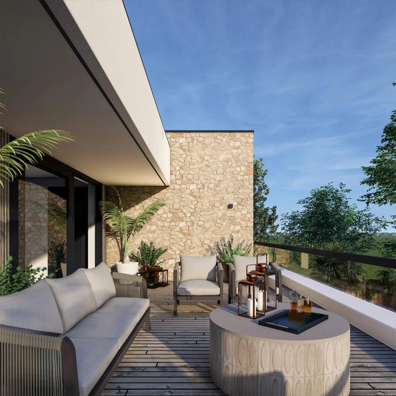 Een render van het terras op verdieping 1 van een moderne kubistische villa