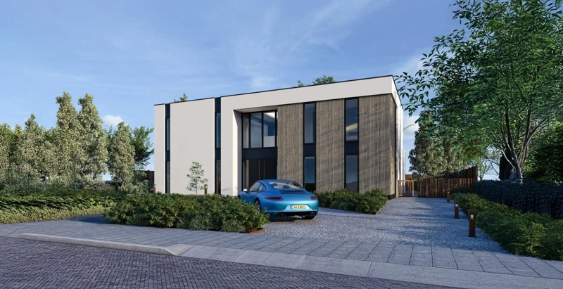 Een render van de voorzijde van een moderne kubistische villa