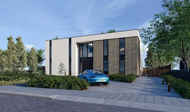 Een render van de voorzijde van een moderne kubistische villa