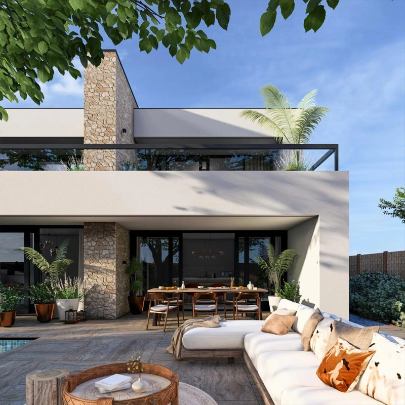 Een render van het terras van een moderne kubistische villa