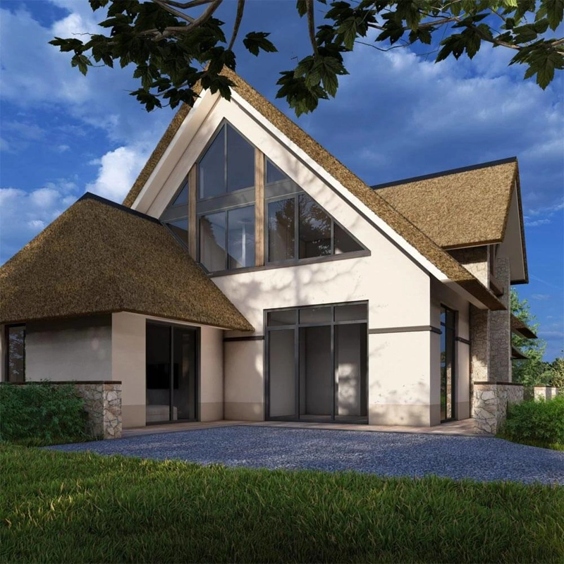 Een render van de achterzijde van een landelijke villa