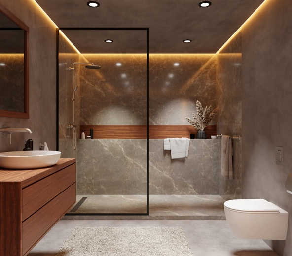 Luxe badkamerontwerp met warme muurbekleding