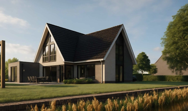 Een zij-aanzicht van een moderne villa